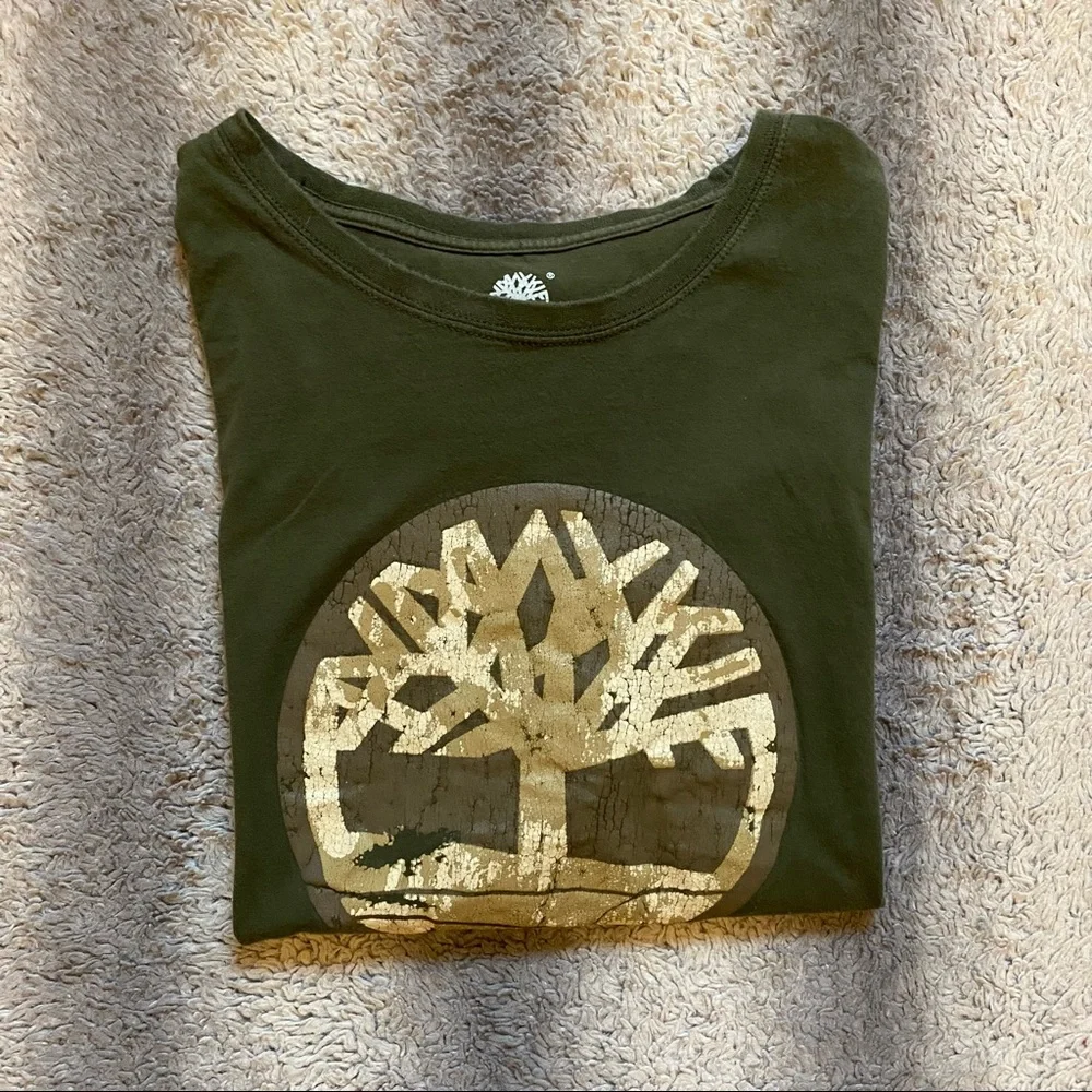 Timberland Tree Logo Tee Shirt Mens XL Green Cream Brown Logo - Picture 4 of 5